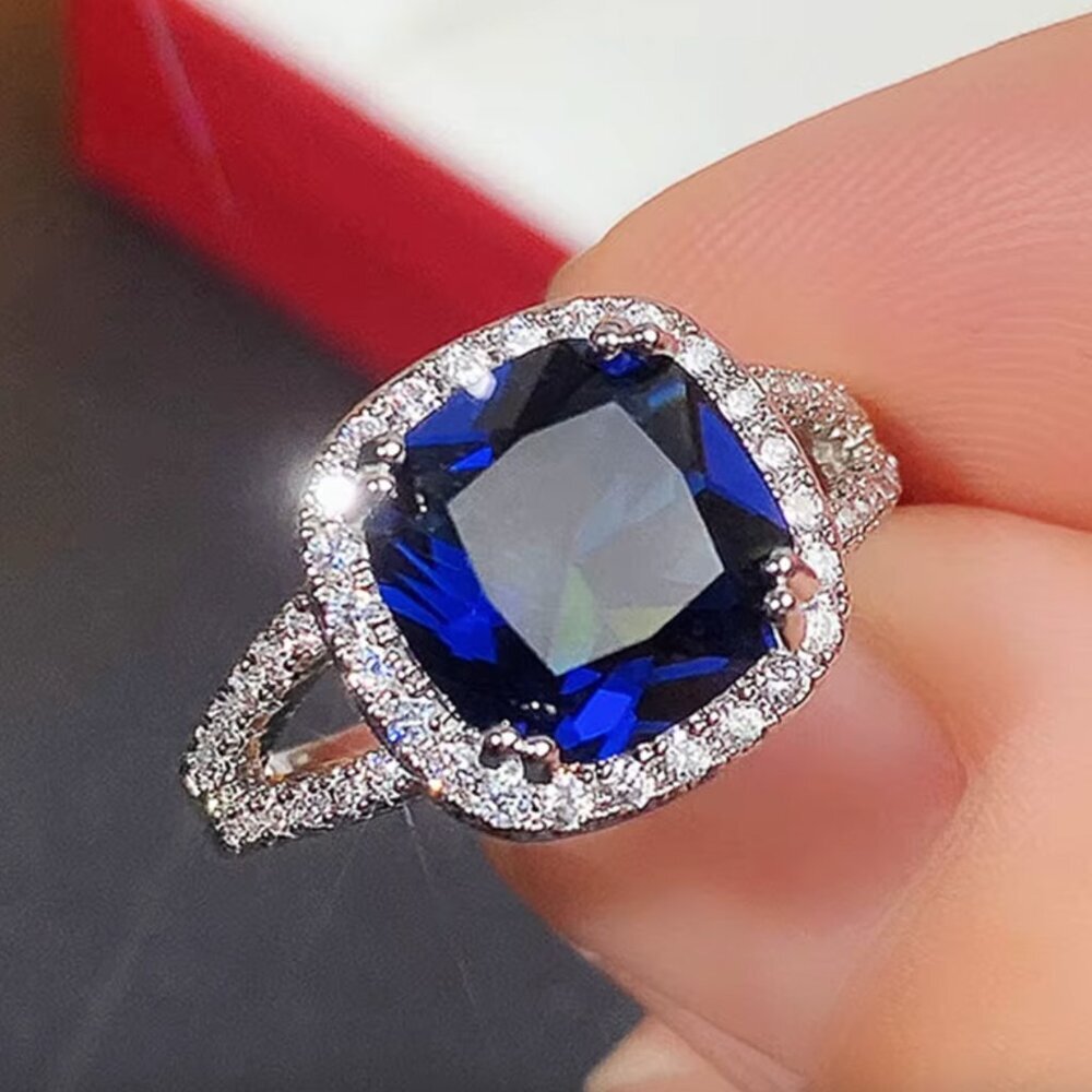 NEW 14k White Gold Blue Sapphire Diamond Ring Cushion Cut Ring